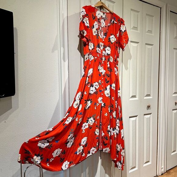 Retro Tomato Red & White Floral Flowy Short Sleeve Button Down A Line Maxi Dress - Picture 3 of 12